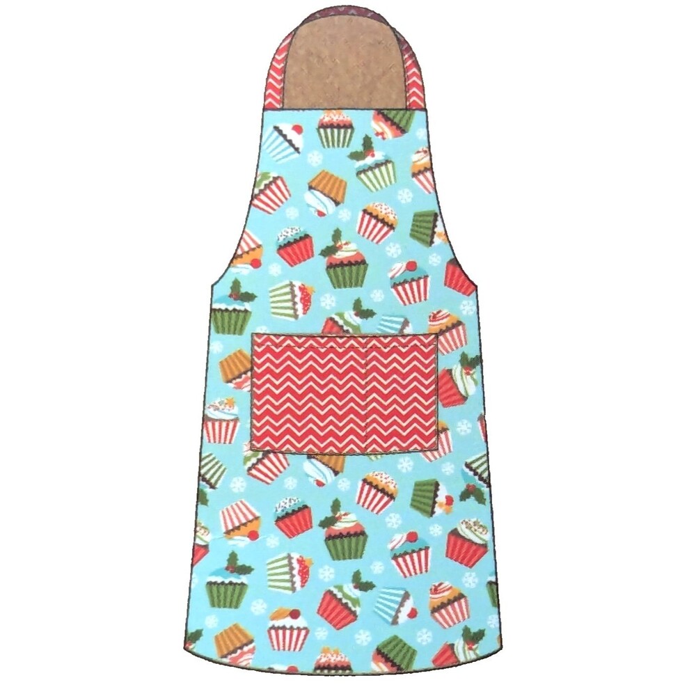 Pantry Apron Cupcakes Snowflakes on Blue Red Chevron Pocket Straps Cotton NEW